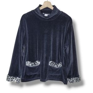 Onque Casual Vintage Velour Pullover Faux Fur Trim Pockets Size Small